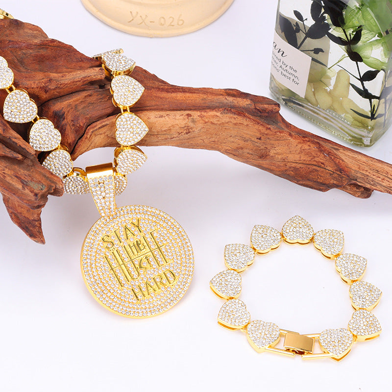 Men's Keep Strong Letter Round Plate Full Diamond Necklaces
