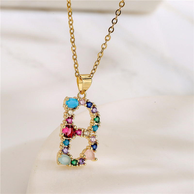 Letter Mixed Colored Gem Inlaid Clavicle Chain Necklaces