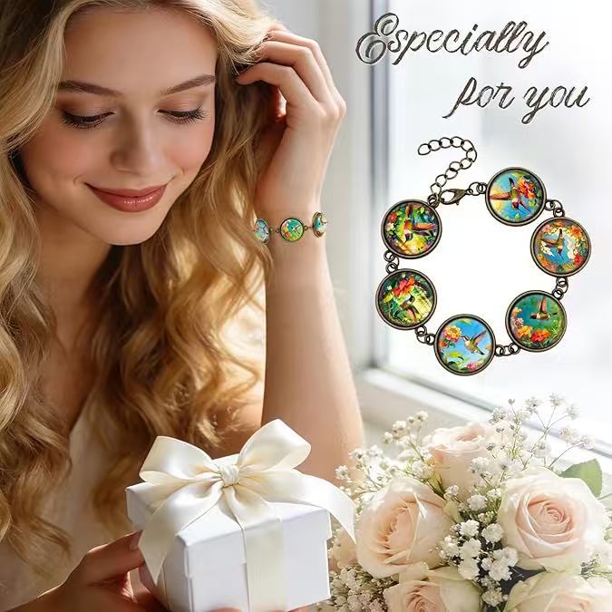 Women's Hummingbird Time Stone Vintage Bronze Adjustable Bracelet