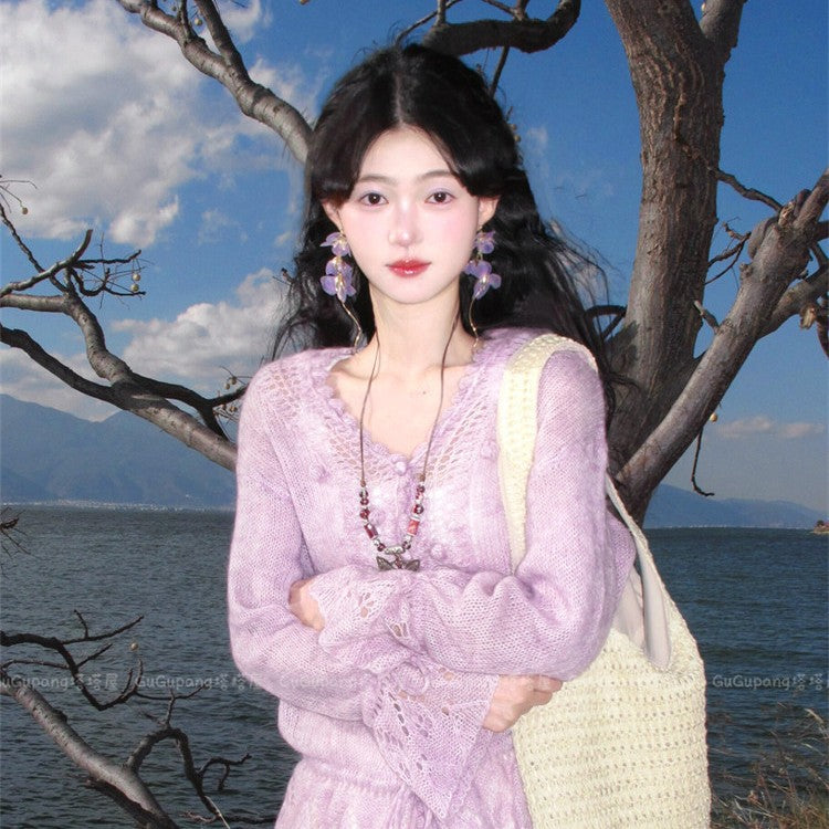 Super Fairy Gentle Purple Mesh Tassel Petal Female Exaggerated Long Earrings
