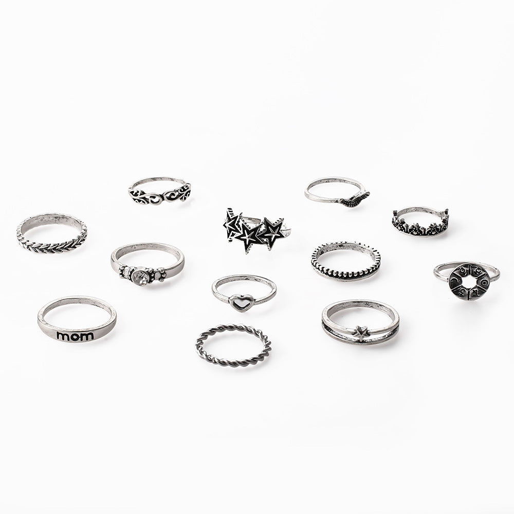 Fashion Compass Blackened Five-pointed Star Personality Crown Letters Assembly Rings