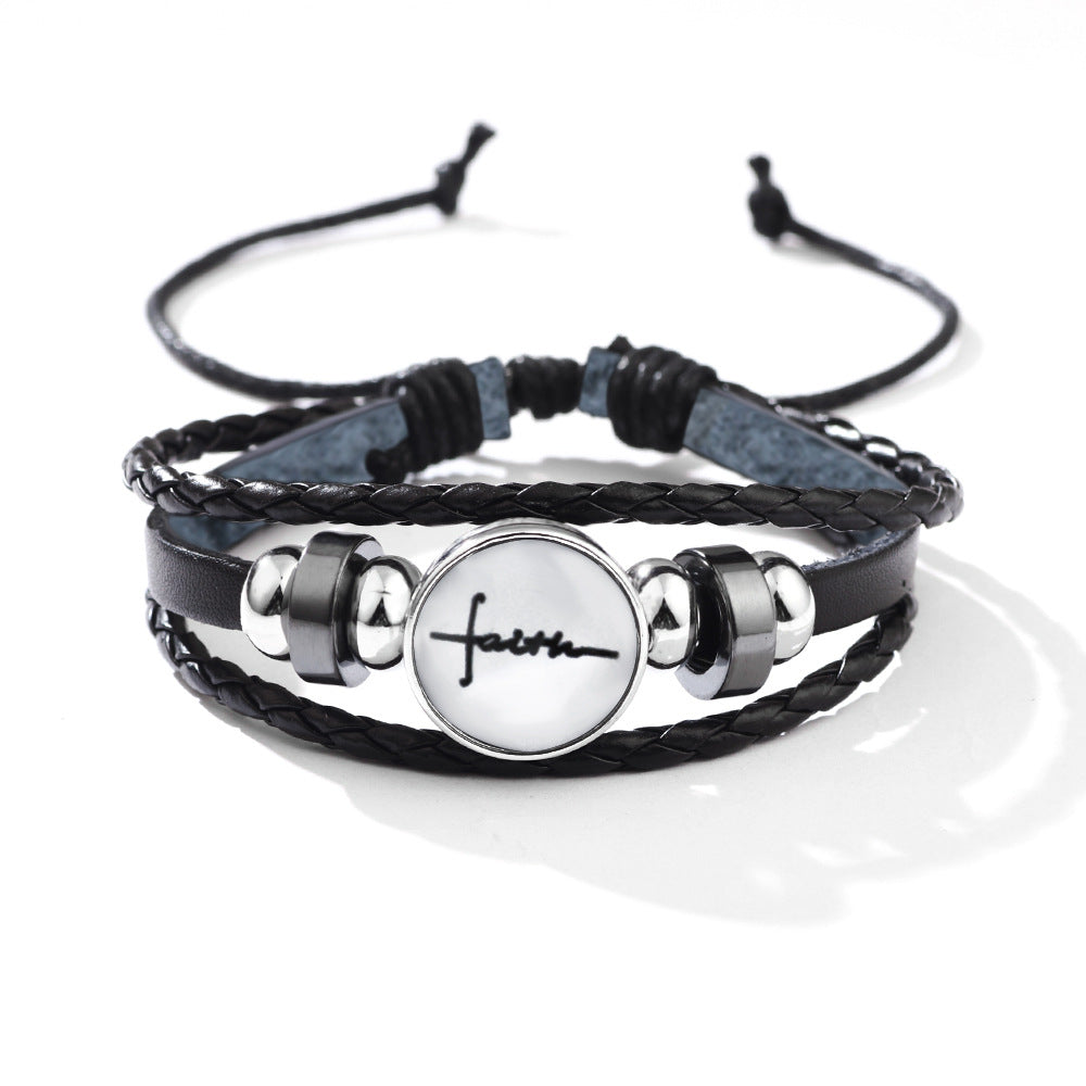 English Letters Glass Buckle Woven Leather Niche Bracelets