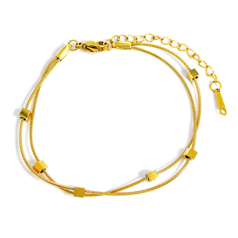 Women's Steel Gold Square Double Layer Snake Bones Chain Bracelets