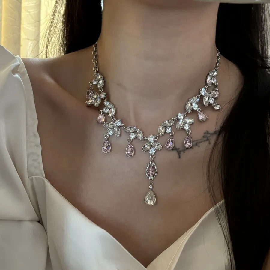 Rhinestone Zircon Pink Water Drop Light Necklaces