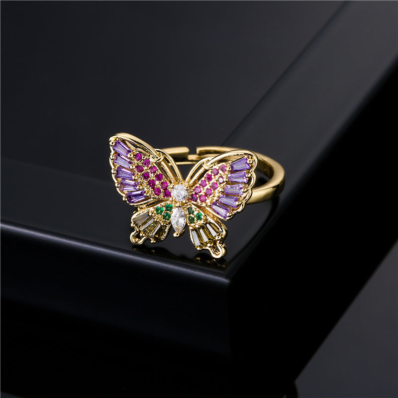 Fashion Personalized Color Square Zircon Butterfly Rings