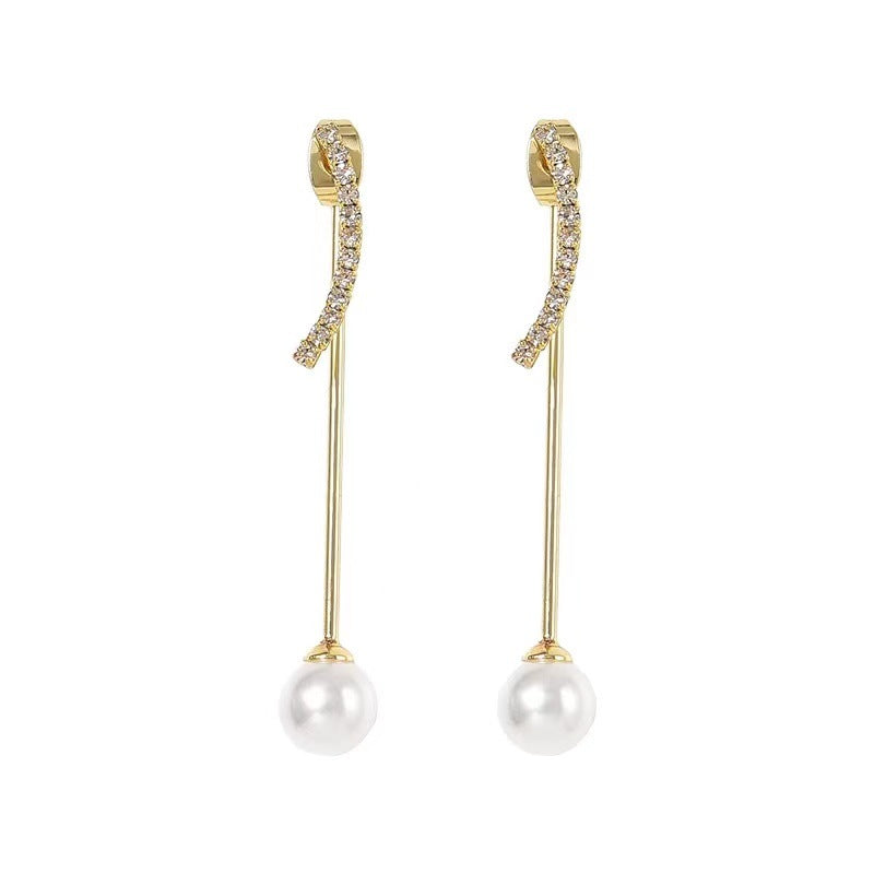 Sier Needle Rhinestone Curved Smiley Pearl Stud Earrings