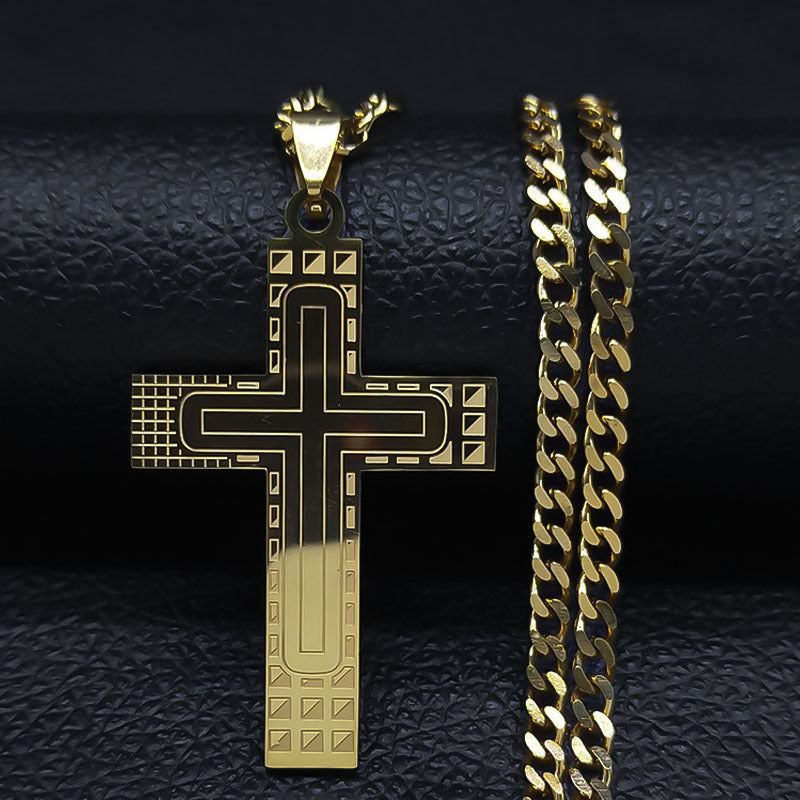 Men's Steel Cross Shelf Geometric Lines Golden Necklaces