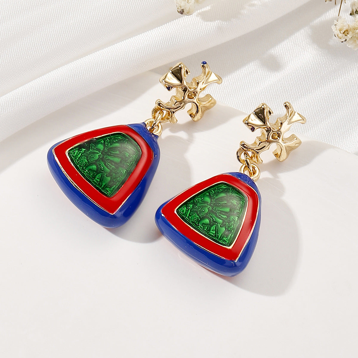 Women's Sier Needle Simple Personality Green Diamond Flower Love Heart Earrings