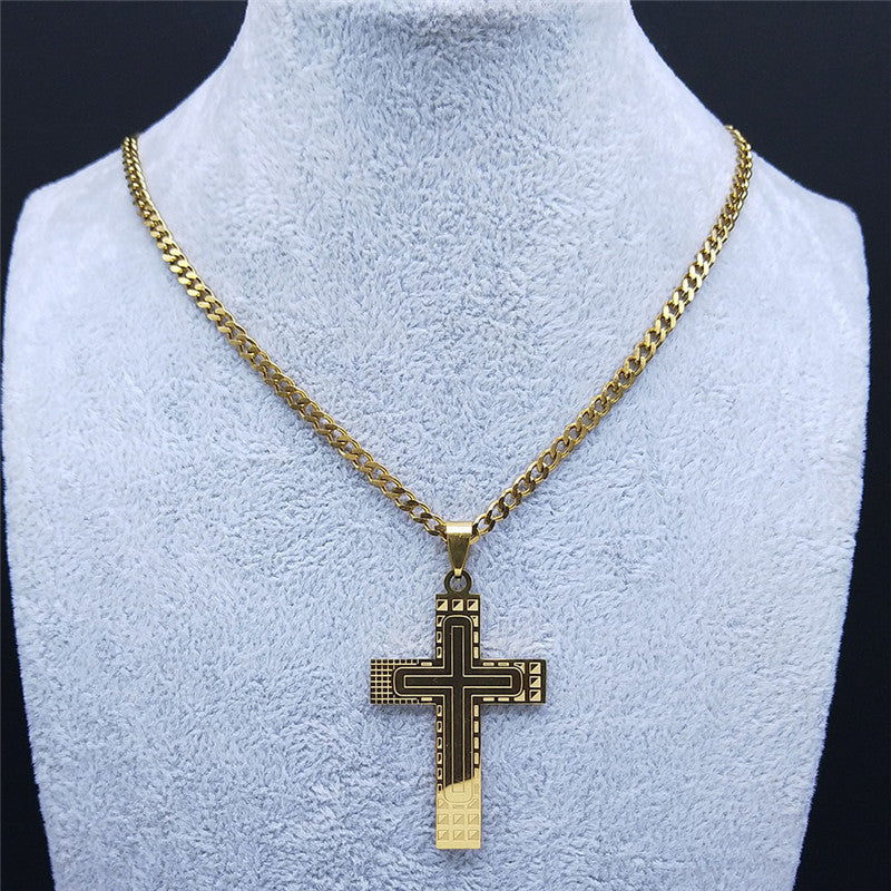 Men's Steel Cross Shelf Geometric Lines Golden Necklaces