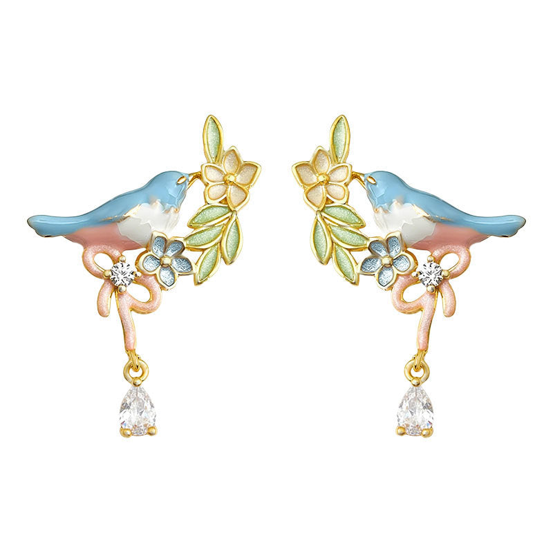 Glazed Flying Bird Collection Micro Inlaid Zircon Sier Needle Fresh Earrings