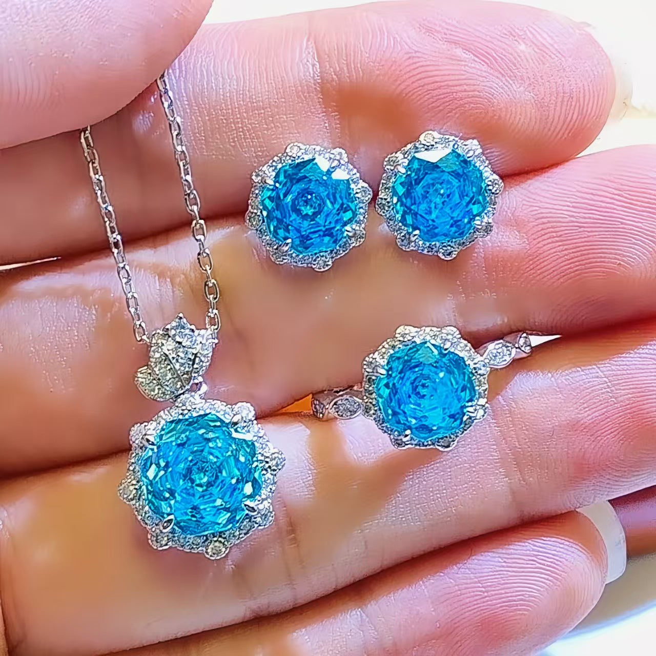 Women's Carbon Rhinestone Ear Colored Gems Three Rings