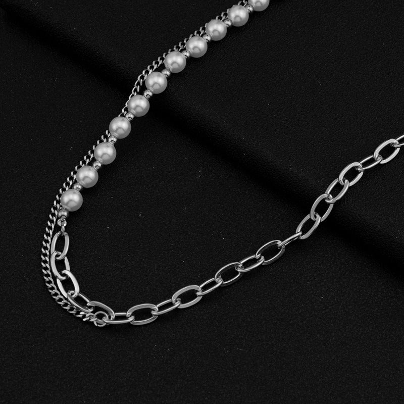 Women's & Men's Niche Design Pearl Stitching Chain For Trendy Titanium Steel Necklaces
