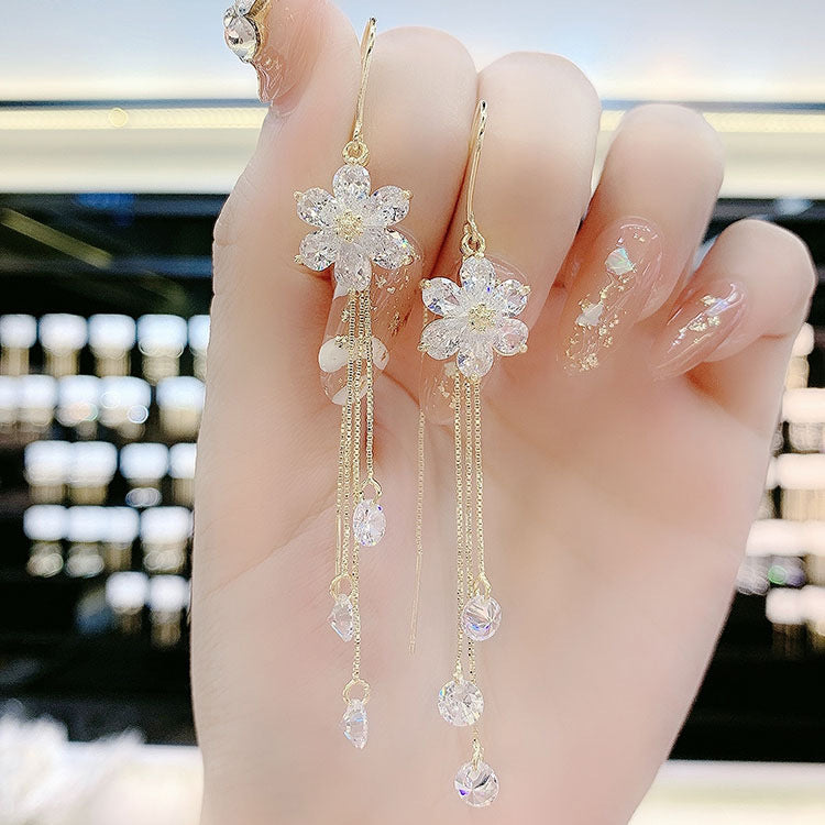 White Zircon Flower Fairy Temperamental Long Five Petal Tassel Earrings