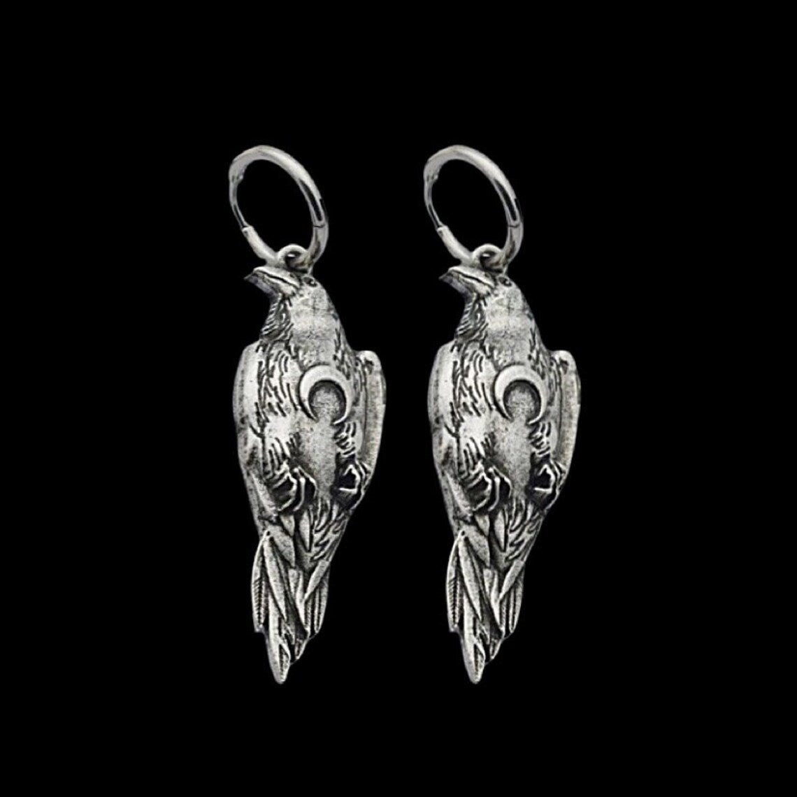 Men's Viking Crow Sier Nordic Gift Pagan Crescent Moon Earrings