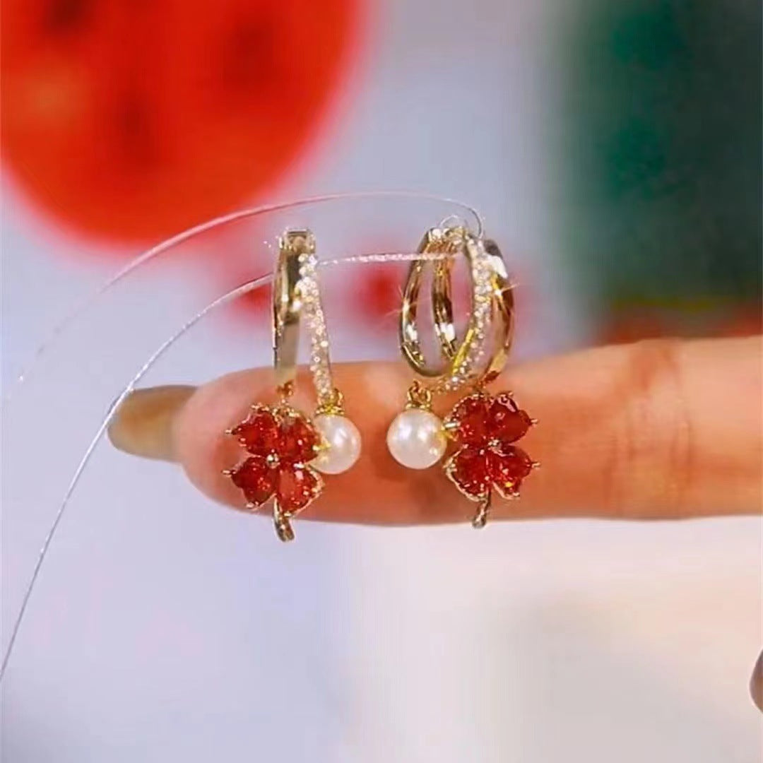 Red Zircon Maple Leaf Artificial Pearl Female Earrings