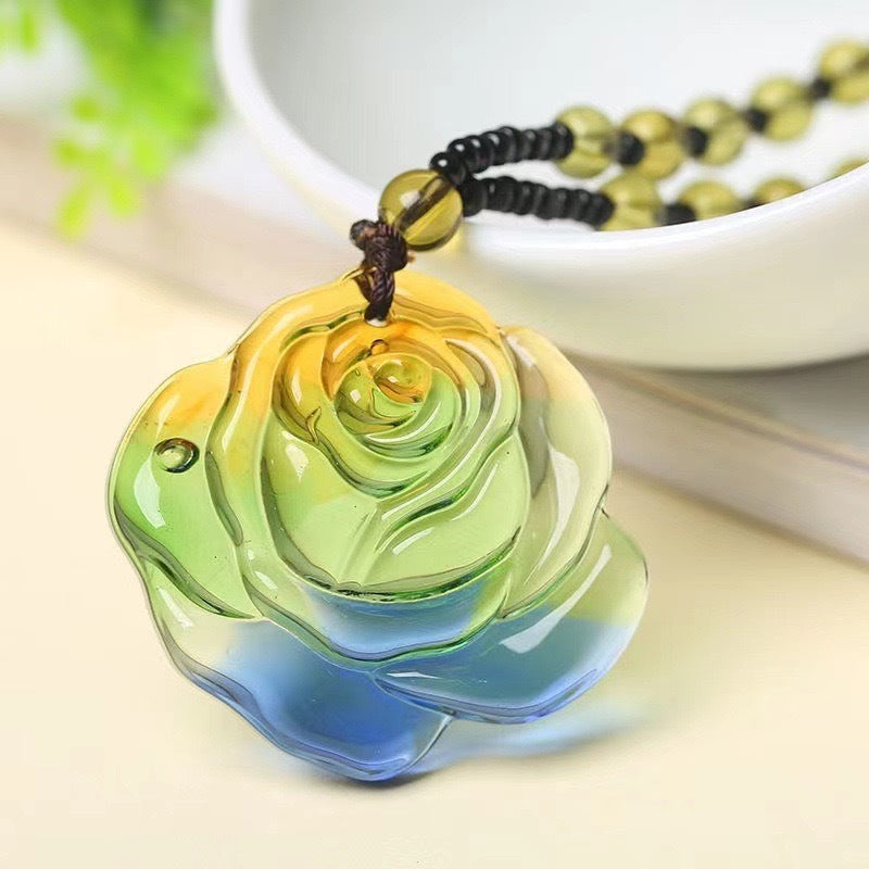 Colored Glaze Crystal Leaves Guan Gong Buddha Ornamental Stone Necklaces