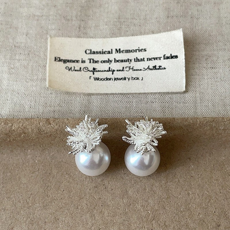 Women's White Pearl Fireworks Metal Beads Clip Mild Luxury Earrings