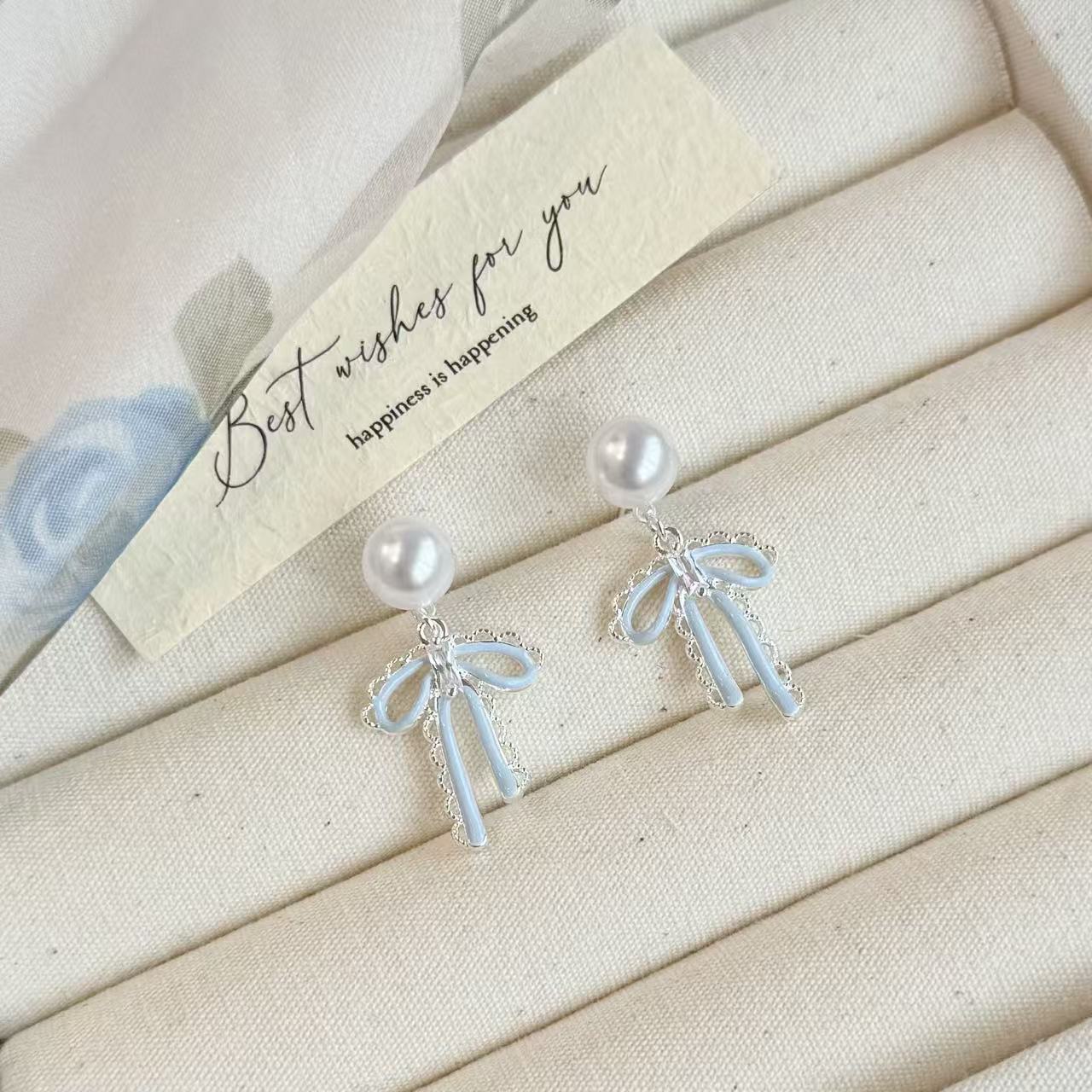 French Sweet Super Flash Zircon Drop Oil Lace Bow Pearl Earrings