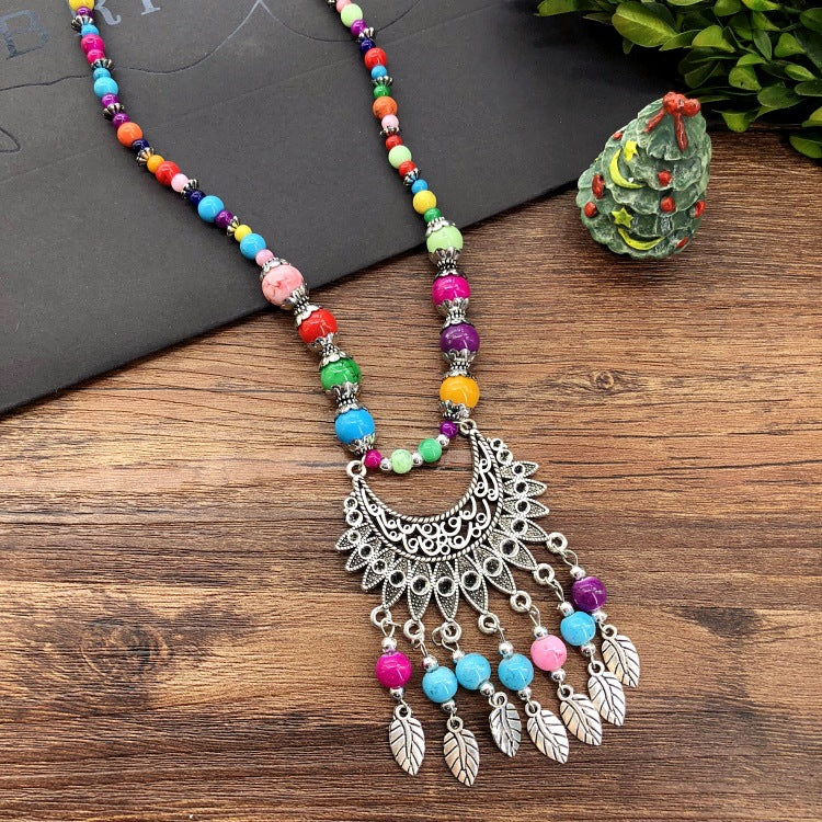 Women's Chain Moon Flower Colorful Beads Headdress Necklaces