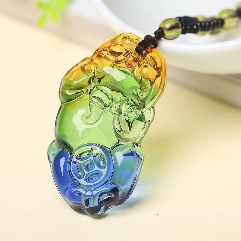 Colored Glaze Crystal Leaves Guan Gong Buddha Ornamental Stone Necklaces