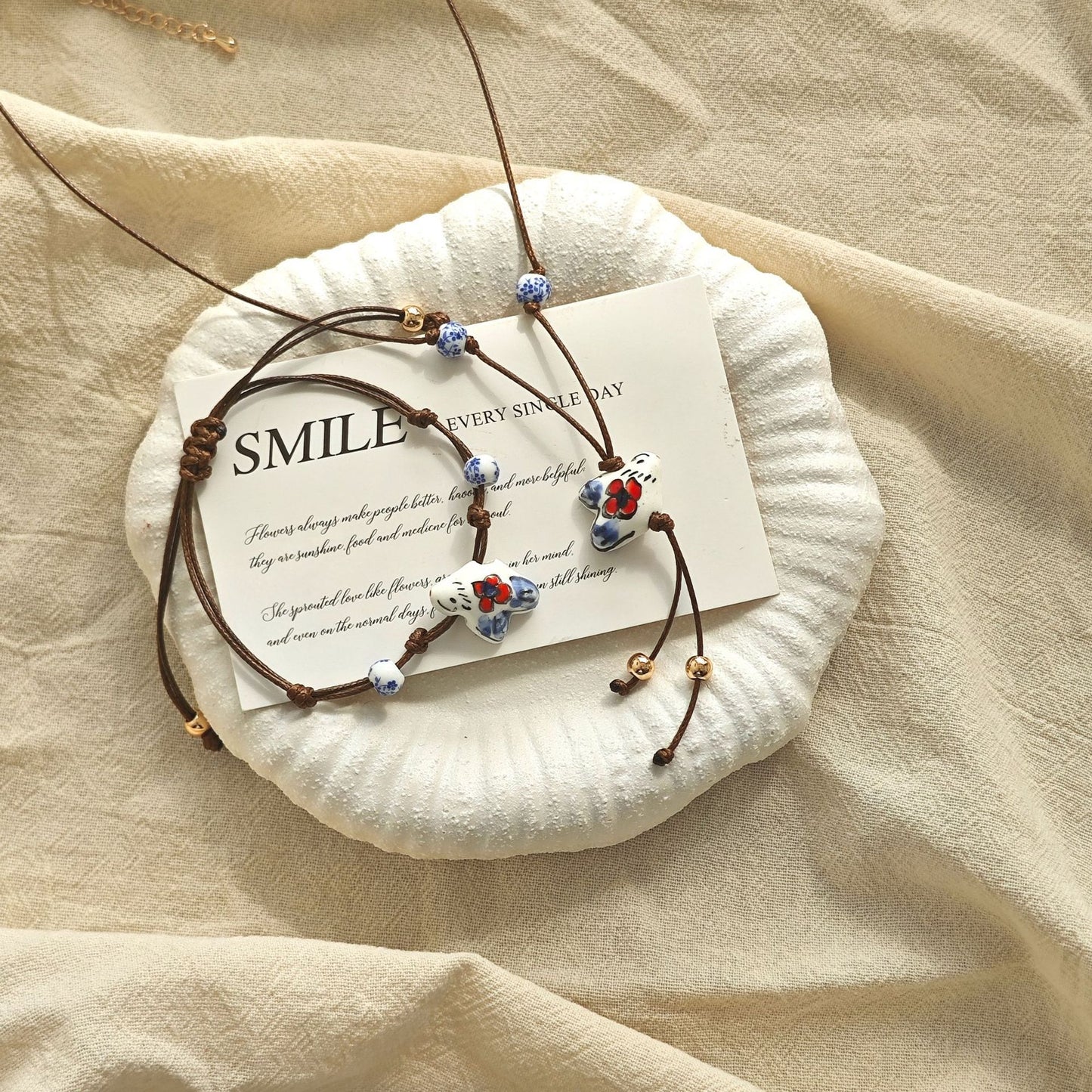Women's Braid Rope Ceramic Bird Blue White Porcelain Beads Adjustable National Necklace