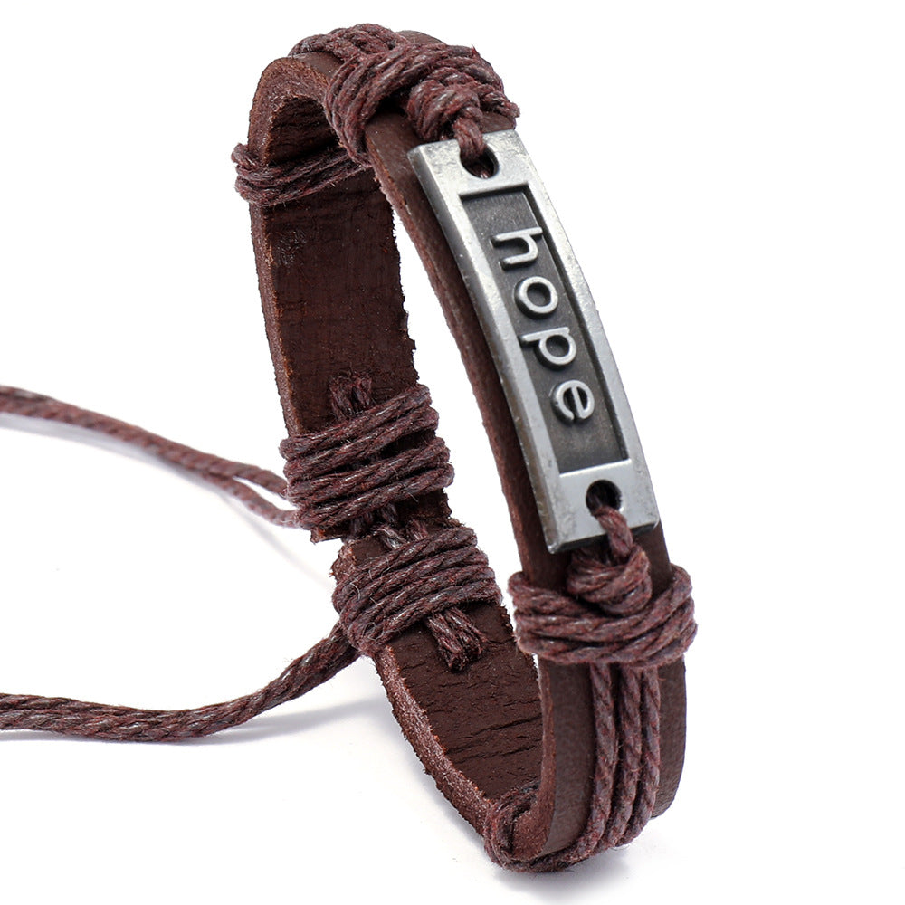 Men's Cattle Leather Alloy Woven Hand Strap Bracelet