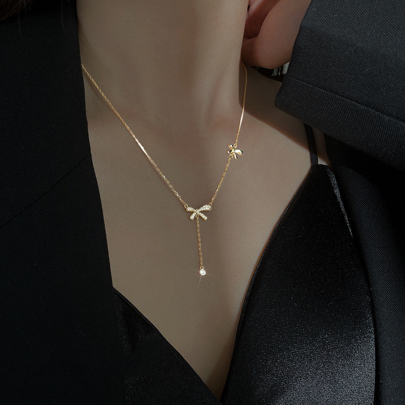 Sterling Sier Tassel Double Butterfly Design Jeweled Niche Clavicle Necklaces