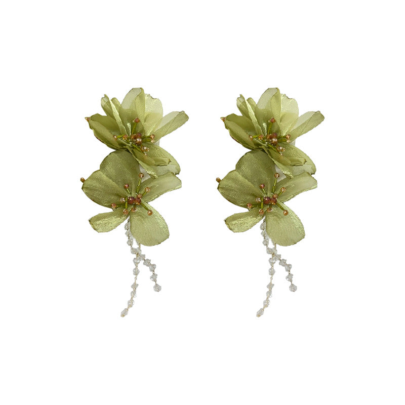 Women's Flower Artificial Crystal Tassel Sier Pin Personalized Minority Earrings
