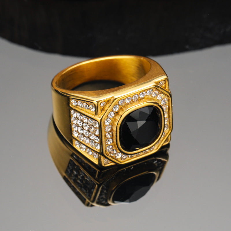 Men's Fashion Hip Hop Light Luxury Inlaid Round Zircon Titanium Steel Ring
