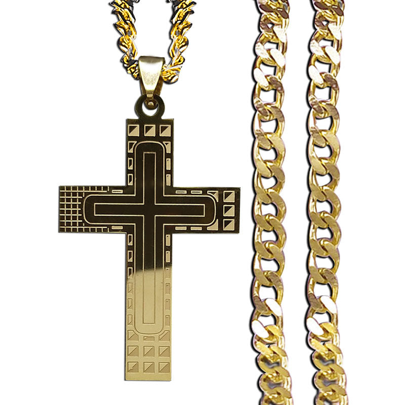 Men's Steel Cross Shelf Geometric Lines Golden Necklaces