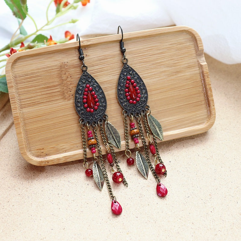 Women's Retro Bohemian Long Fringe Ethnic Style Water Drop Earrings