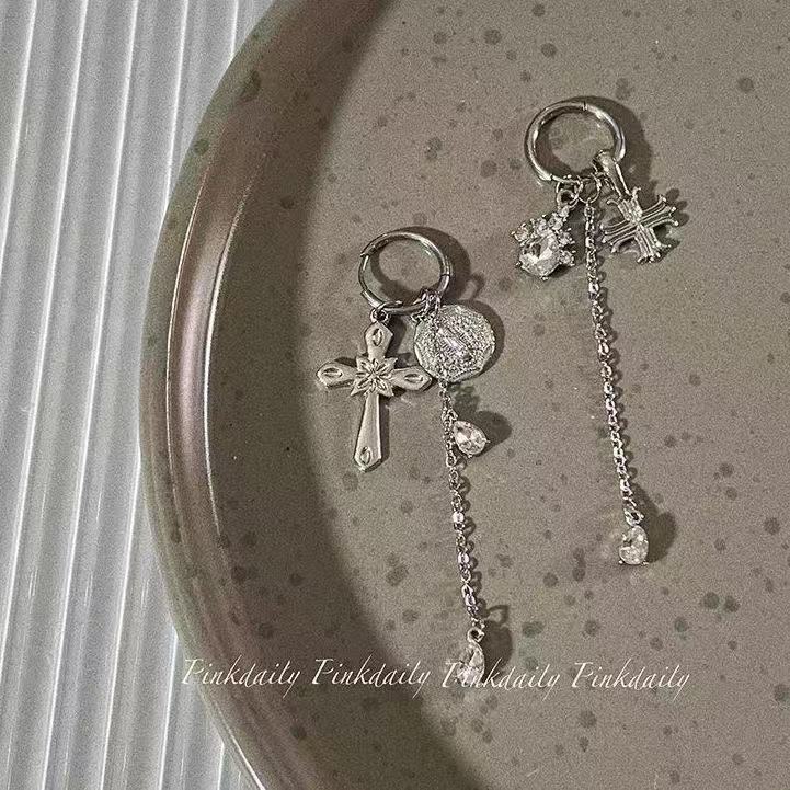 Cross Female Asymmetric Design Tassel Metal Sier Stud Earrings