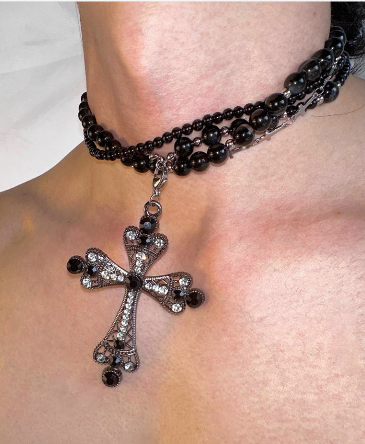 Glamorous Black Stone Stacked Retro Cross Necklaces