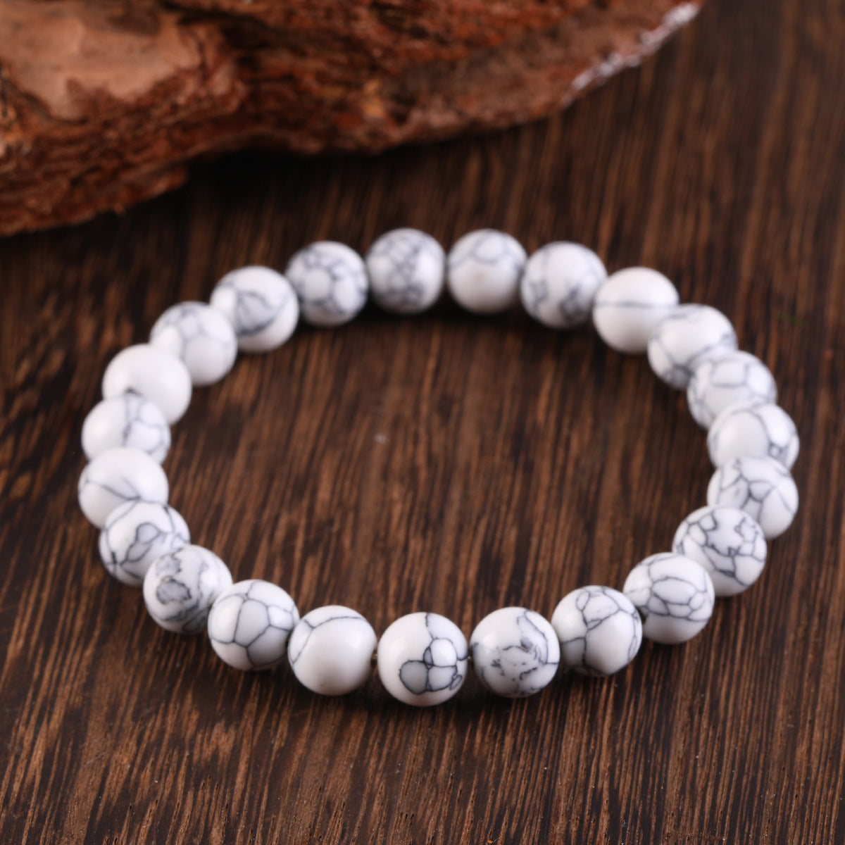 Women's & Men's Artistic Black Line White Turquoise Twin Round Beads Elastic String Bracelet