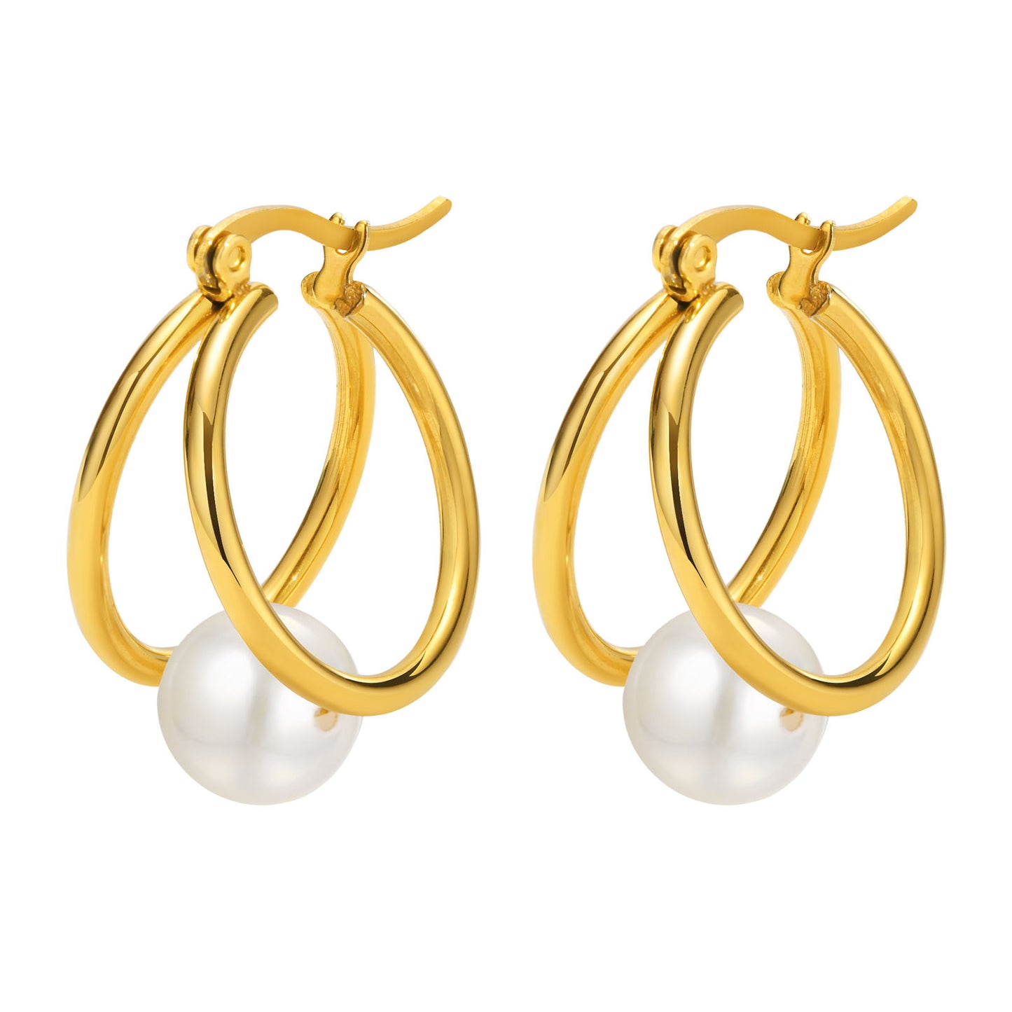 Women's Titanium Steel Double Pearl Gold Single Elegant Earrings