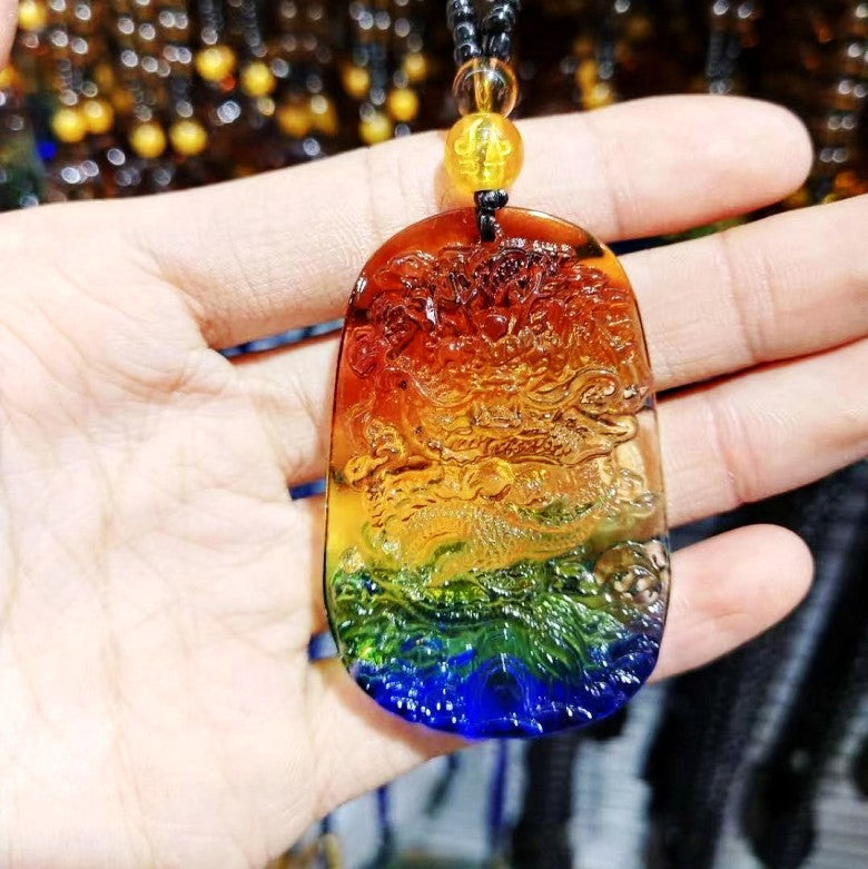 Colored Glaze Crystal Leaves Guan Gong Buddha Ornamental Stone Necklaces