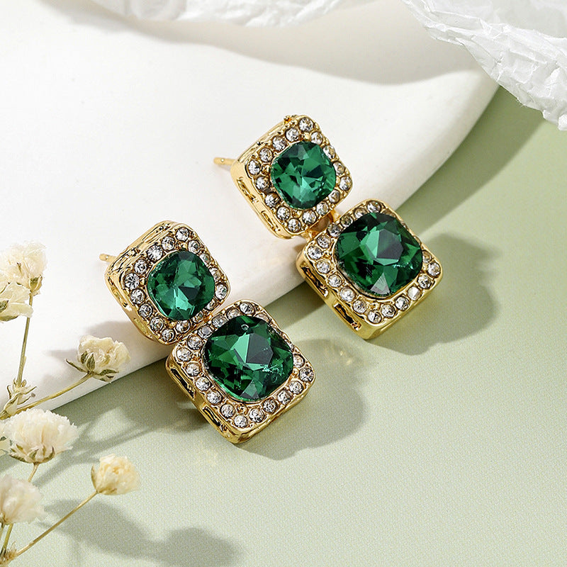 Women's Sier Needle Simple Personality Green Diamond Flower Love Heart Earrings