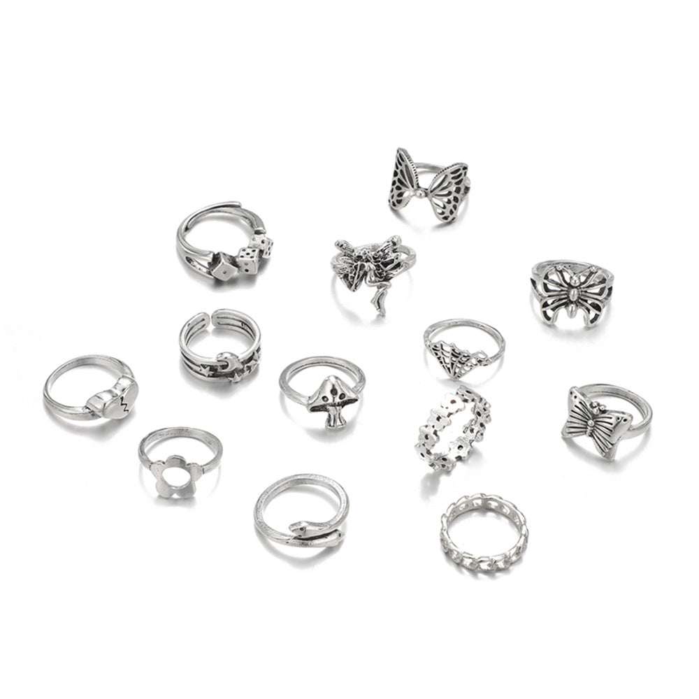 Exaggerated Mushroom Flowers In Chains Moon Heart Butterfly Rings