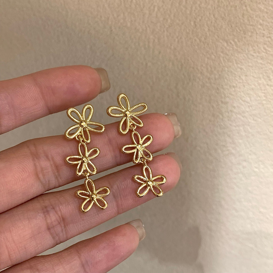 Long Tassel Hollow Flower Temperamental Minority Personality Gentle Temperament Sier Stud Earrings