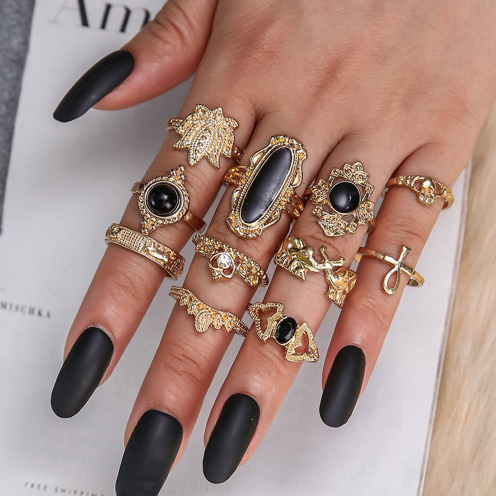 Personality Black Onyx Elephant Lotus Crown Rings