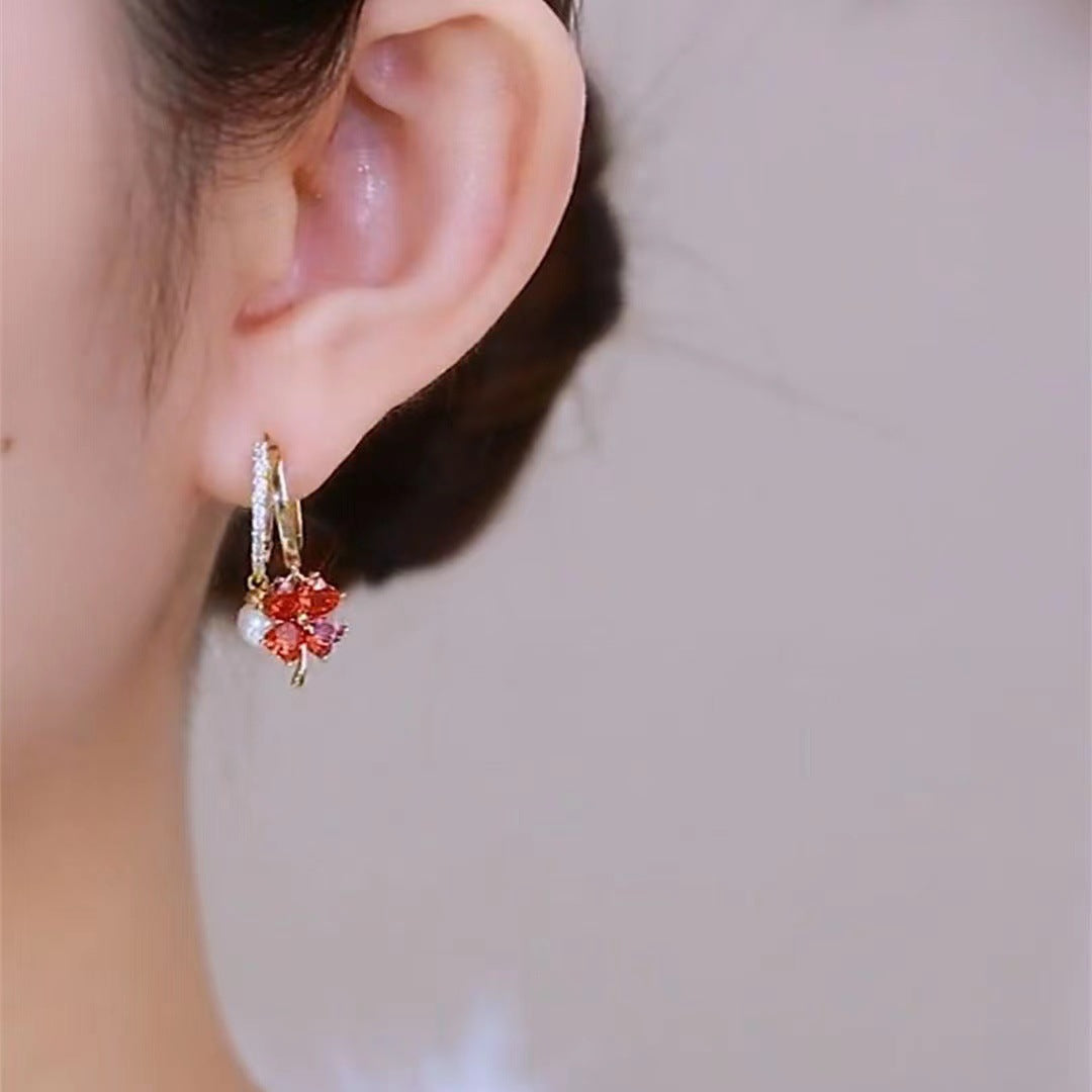Red Zircon Maple Leaf Artificial Pearl Female Earrings