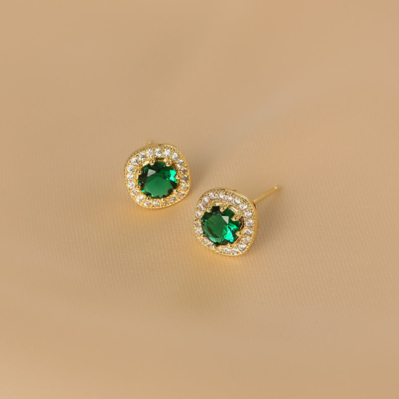 Women's Green Square Diamond Minimalist Basic Retro Emerald Ear Trendy Earrings