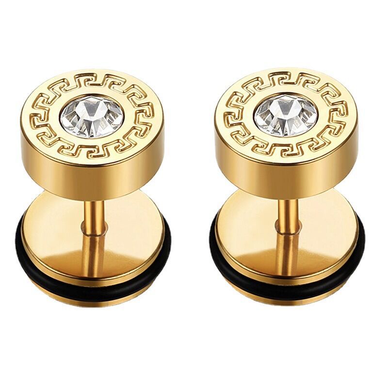 Vintage Disc Great Wall Pattern Diamond Round Titanium Steel Ear Stud Earrings