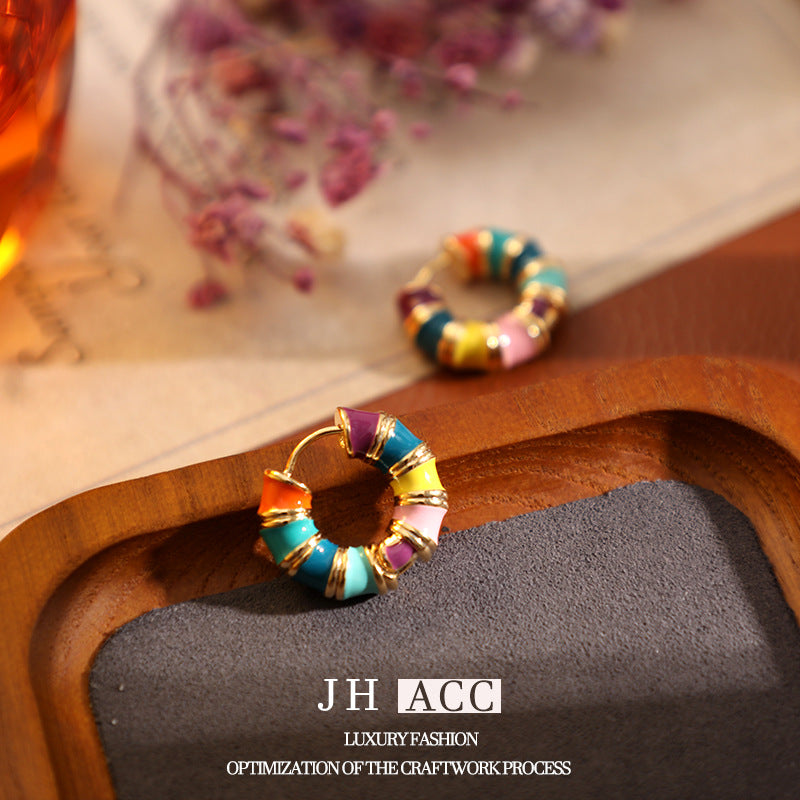 Plating Dripping Circle Enamel Color Ear Earrings
