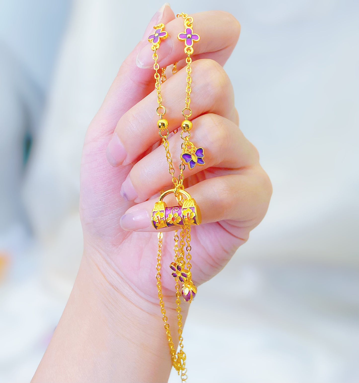 Women's Fruitful Prosperous Clover Tassel Lock Bag Necklaces