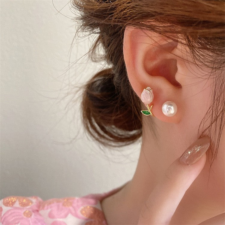 Needle High-grade Pearl Bow Flower Tulip Earrings