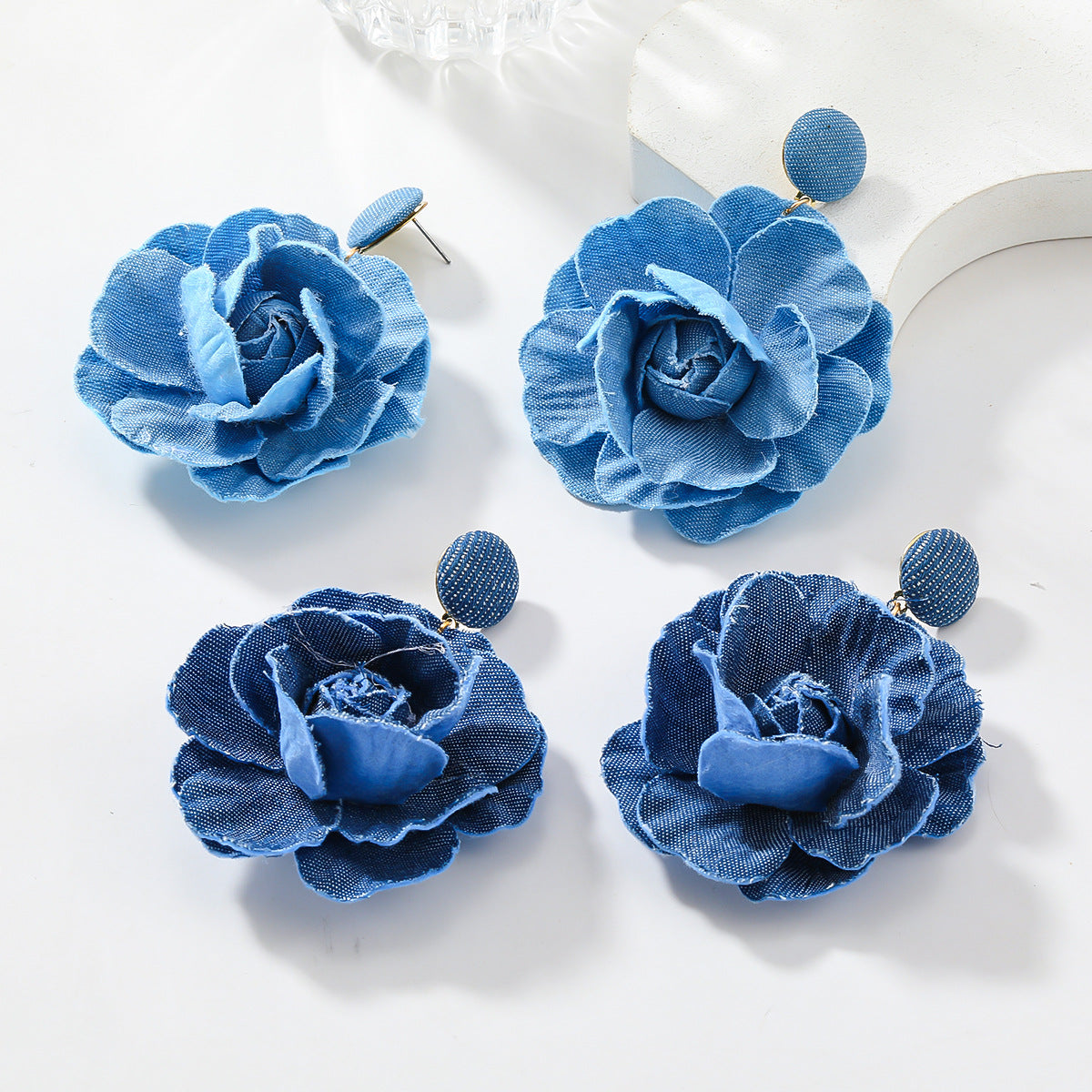 Flower Exaggerated Female Trend Denim Blue Earrings