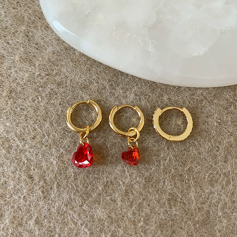 Women's Heart Water Drops Zircon Three-piece Small Earrings