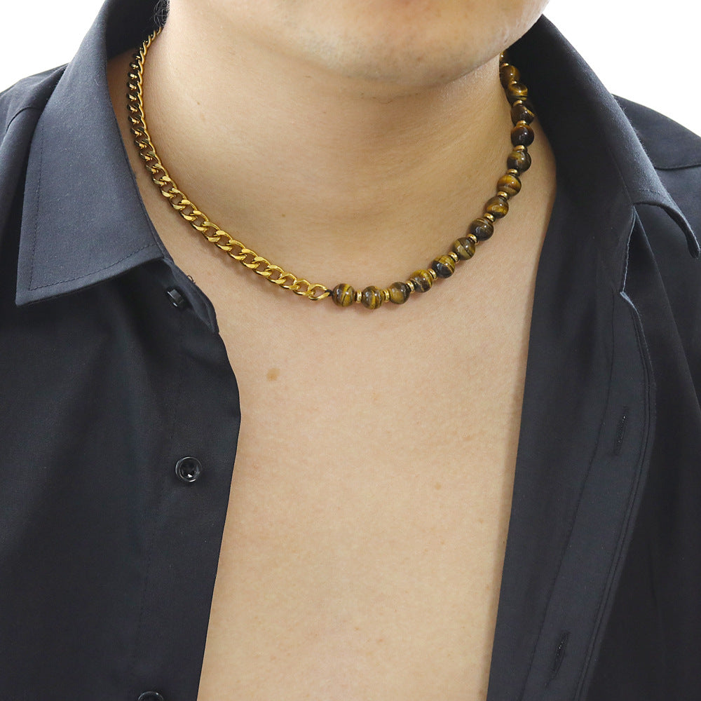 Men's Titanium Steel Cuban Set Natural Tigereye Necklaces