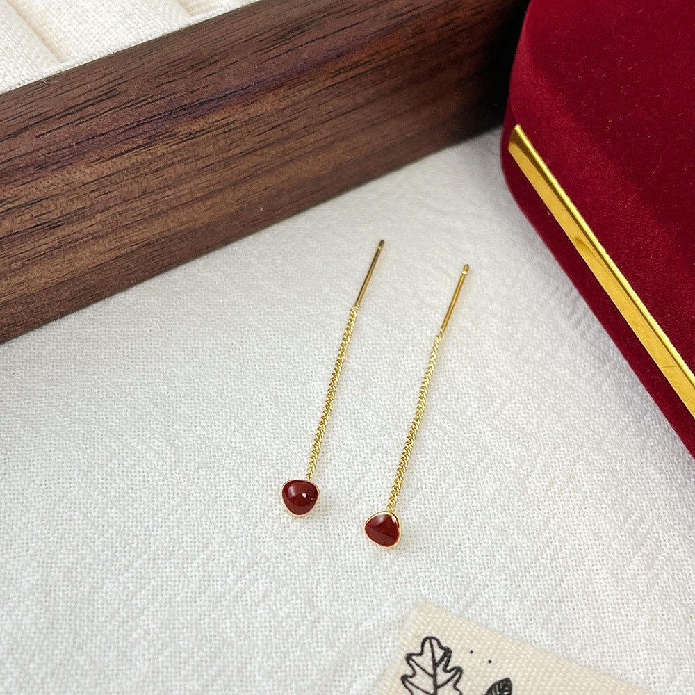 Plating Affordable Luxury Fashion Red Beads Retro Drip Glazed Triangle Ear Line